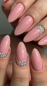 8. Soft Pink Nails with Stones