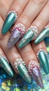3. Pearl Accent Mermaid Nails