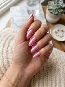 Glossy Pink Chrome Almond Nails