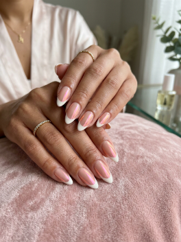 White Almond French Tip Nails with Pink Chrome Design